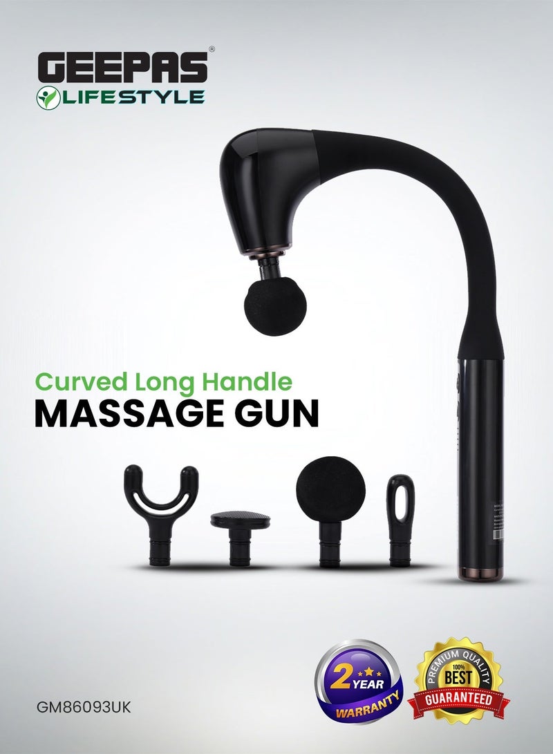 GEEPAS Curved Long Handle Massage Gun| 5-Speed Function, LED Indicator, 15 Minutes Timer| Includes U-Shaped, Flat, Bullet and Round Heads| Relieves Muscle Soreness and Stiffness, Massager for Shoulder, Back, Full Body Relaxation|  2 Years Warranty GM86093UK Black - Image 1
